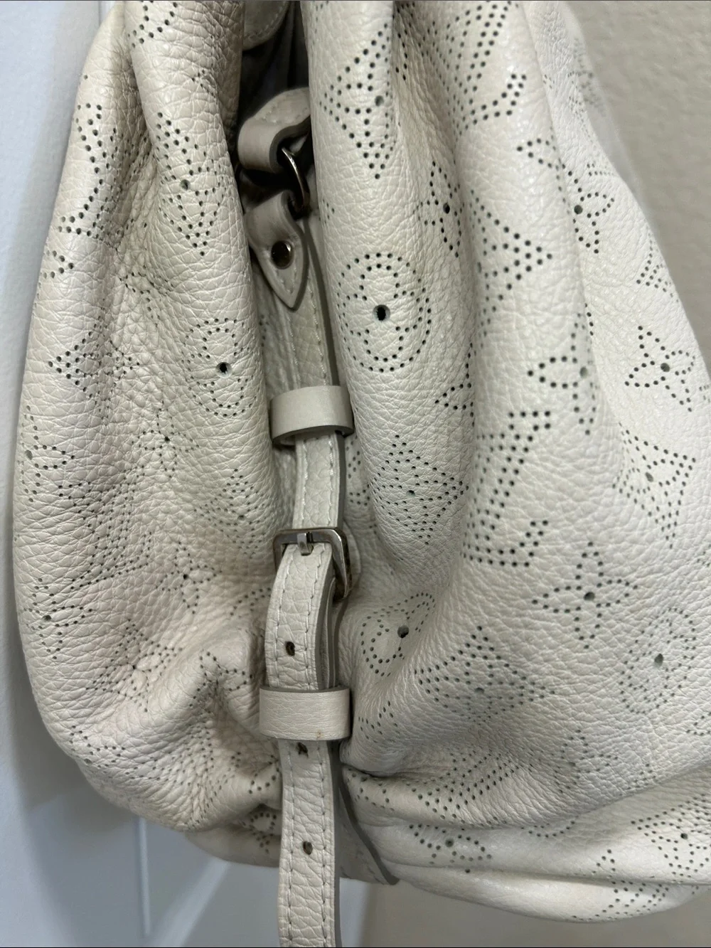 Louis Vuitton Perforated Cream Leather Shoulder Bag with Silver Hardware